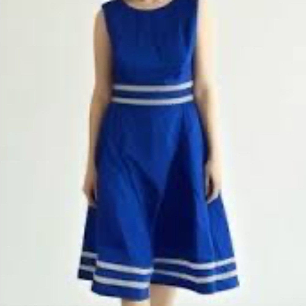 NWT CALVIN KLEIN Womens Blue A-line Sleeveless DRESS with pinstripe trim Size 4